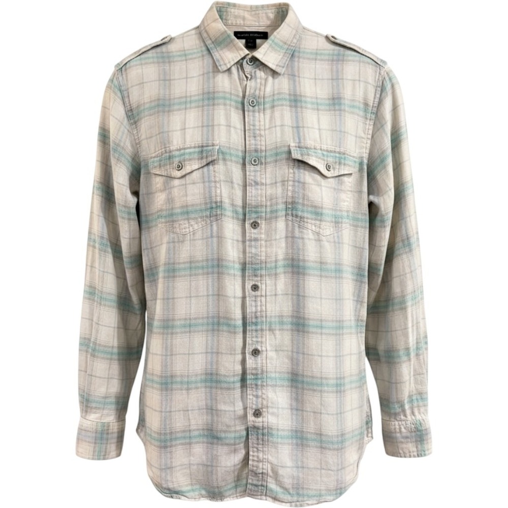 Banana Republic Button Up Shirt Men Large White Teal Plaid Linen Epaulets Beachy